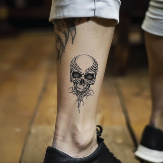 best cool simple small black white grey color celtic skull fake realistic temporary tattoo sticker design idea drawing for men and women on leg calf