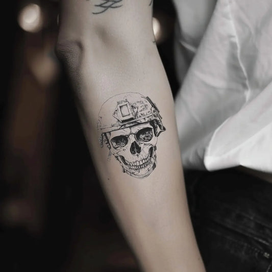 best cool simple small black white grey color military skull fake realistic temporary tattoo sticker design idea drawing for men and women on forearm lower arm