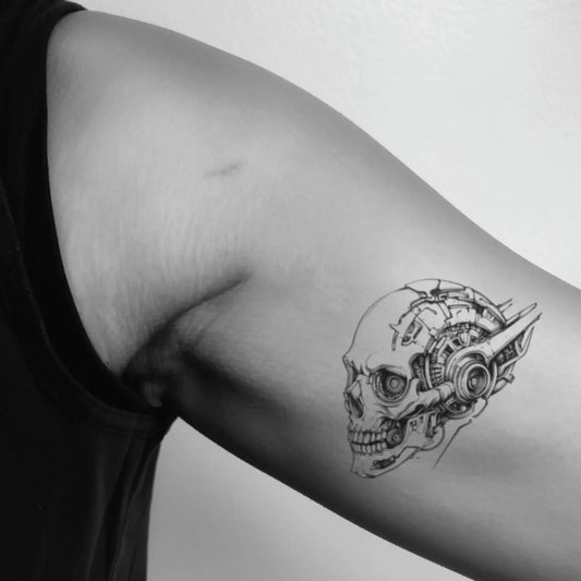 best cool simple small black white grey color biomechanical skull fake realistic temporary tattoo sticker design idea drawing for men and women on bicep upper inner arm