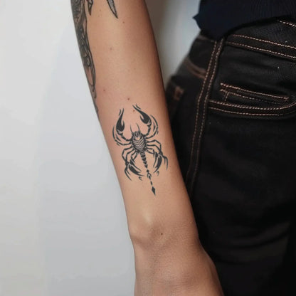 best cool simple small black white grey color tribal scorpion fake realistic temporary tattoo sticker design idea drawing for men and women on forearm lower arm