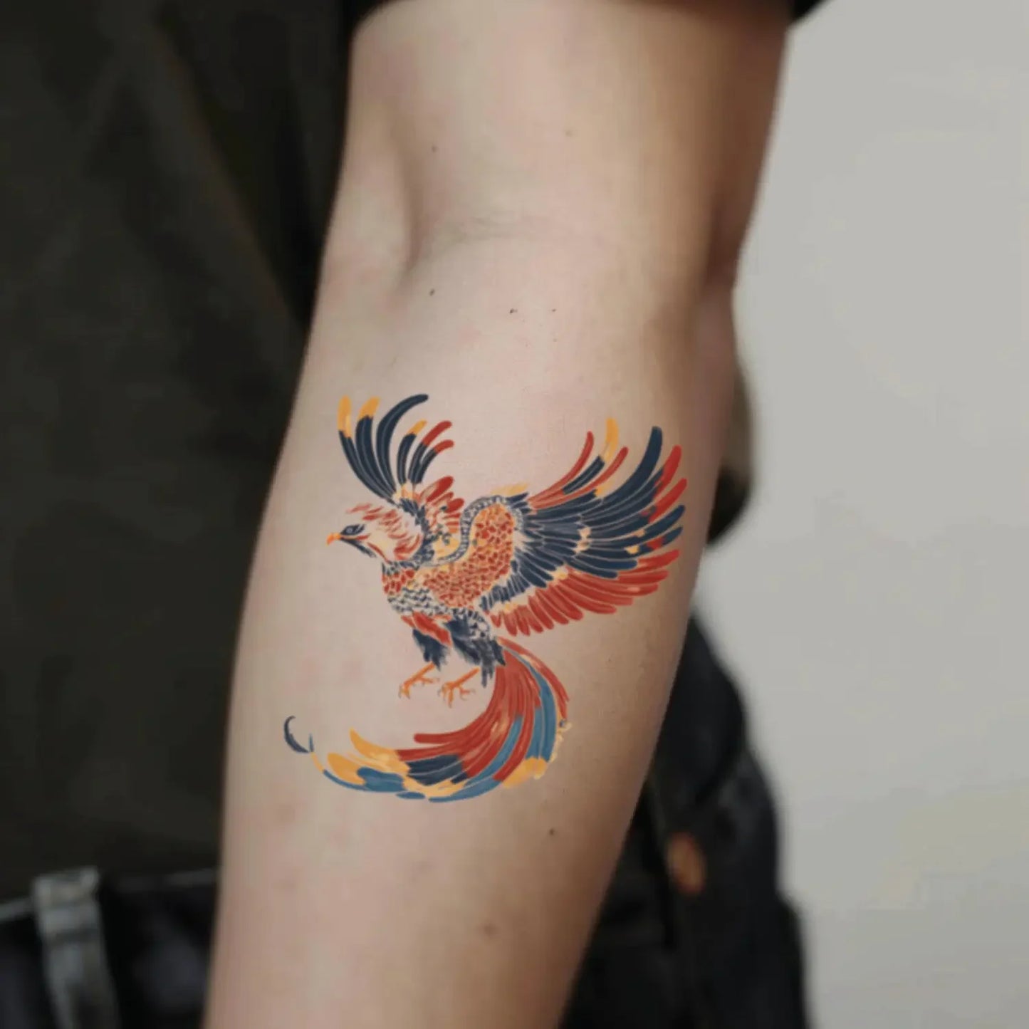 best cool simple small black white grey color japanese phoenix fake realistic temporary tattoo sticker design idea drawing for men and women on forearm lower arm