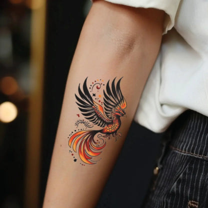 best cool simple small black red color neo traditional phoenix mythological animal fake realistic temporary tattoo sticker design idea drawing for men and women on forearm lower arm