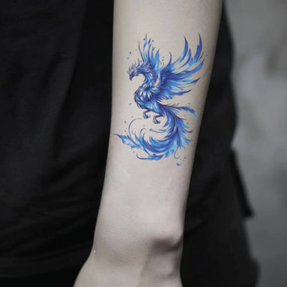 best cool simple small blue color phoenix mythological animal fake realistic temporary tattoo sticker design idea drawing for men and women on forearm lower arm