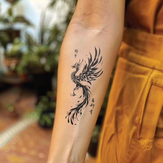 best cool simple small black white grey color chinese phoenix mythological animal fake realistic temporary tattoo sticker design idea drawing for men and women on forearm lower arm