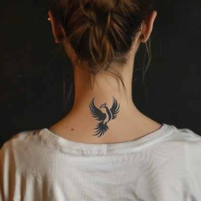 best cool simple small black white grey color phoenix symbol minimalist fake realistic temporary tattoo sticker design idea drawing for men and women on neck back