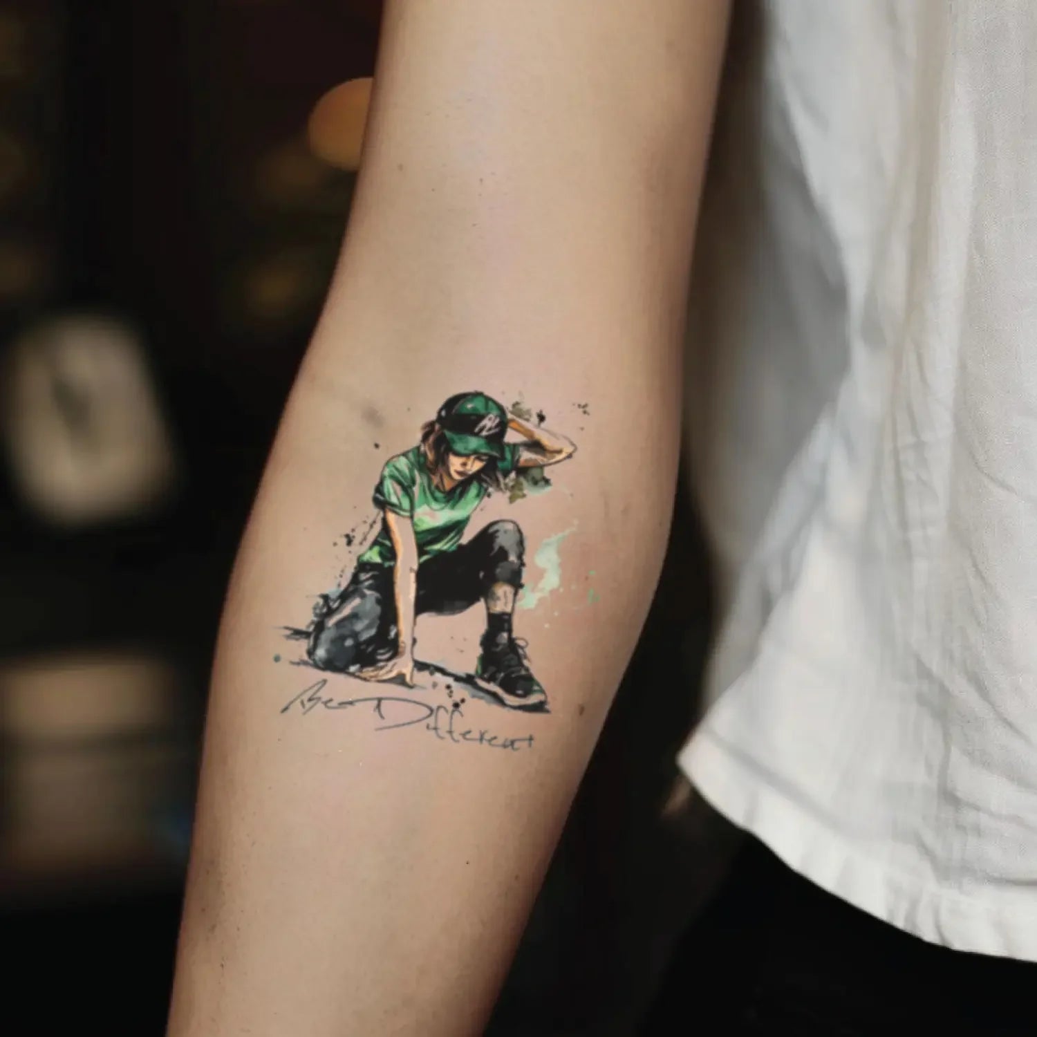 best cool simple small black green watercolor girl female hip hop break dancer Raygun Rachel Gunn olympic fake realistic temporary tattoo sticker design idea drawing for men and women on forearm lower arm