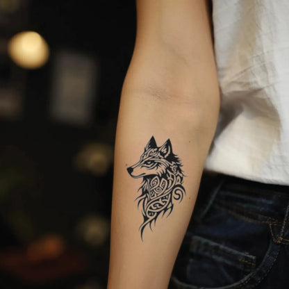 best cool simple small black white grey color tribal celtic viking wolf animal fake realistic temporary tattoo sticker design idea drawing for men and women on forearm lower arm