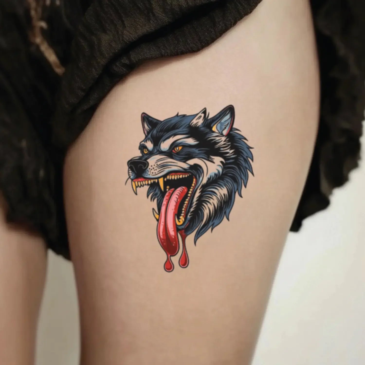 best cool simple small black white grey color traditional wolf animal fake realistic temporary tattoo sticker design idea drawing for men and women on thigh upper leg