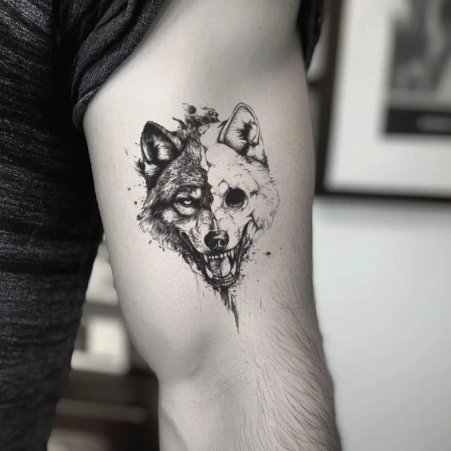 best cool simple small black white grey color half skull wolf sketch animal fake realistic temporary tattoo sticker design idea drawing for men and women on bicep upper arm