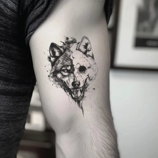 best cool simple small black white grey color half skull wolf sketch animal fake realistic temporary tattoo sticker design idea drawing for men and women on bicep upper arm