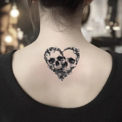 best cool simple small black white grey color floral flower skull couple heart sketch fake realistic temporary tattoo sticker design idea drawing for men and women on neck back