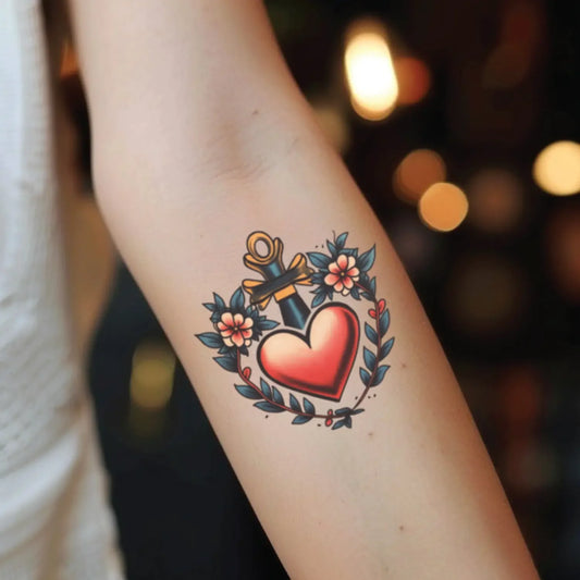 best cool simple small red color traditional heart fake realistic temporary tattoo sticker design idea drawing for men and women on forearm inner lower arm