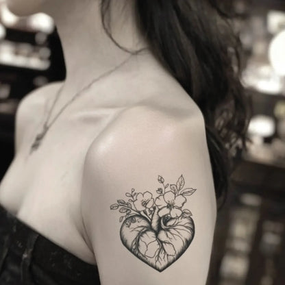 best cool simple small black white grey color flowers anatomical heart sketch fake realistic temporary tattoo sticker design idea drawing for men and women on bicep upper arm