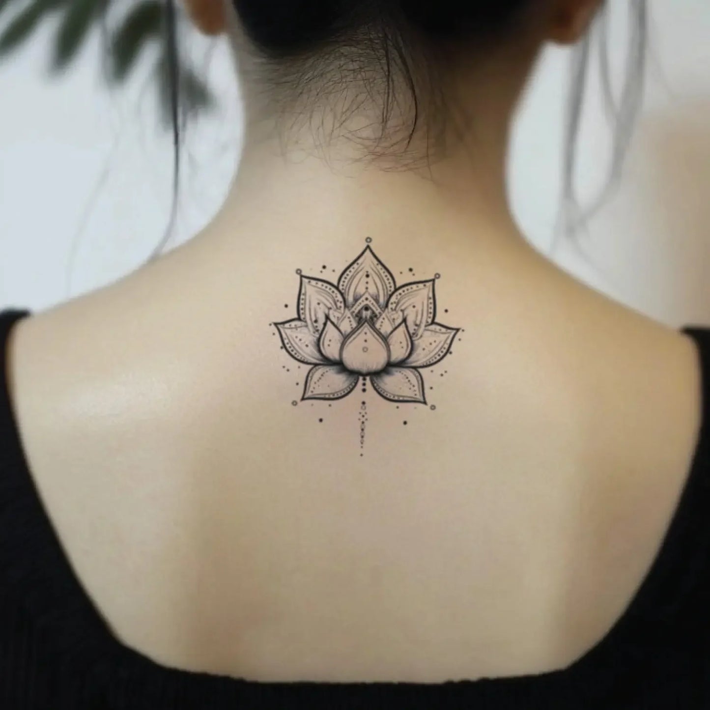 best cool simple small black white grey color mandala lotus flower outline fake realistic temporary tattoo sticker design idea drawing for men and women on neck back