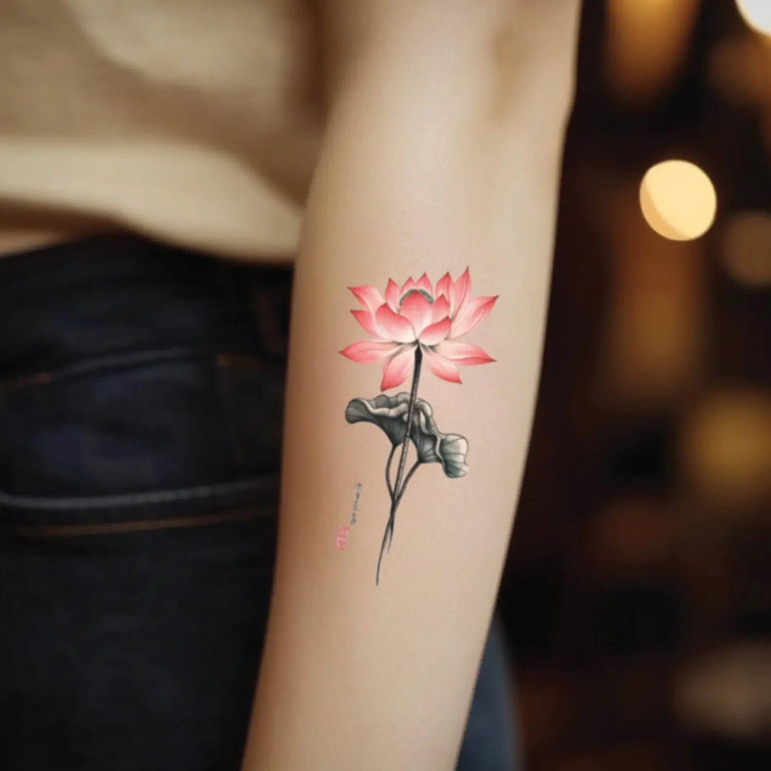 best cool simple small pink color japanese lotus flower fake realistic temporary tattoo sticker design idea drawing for men and women on forearm lower arm