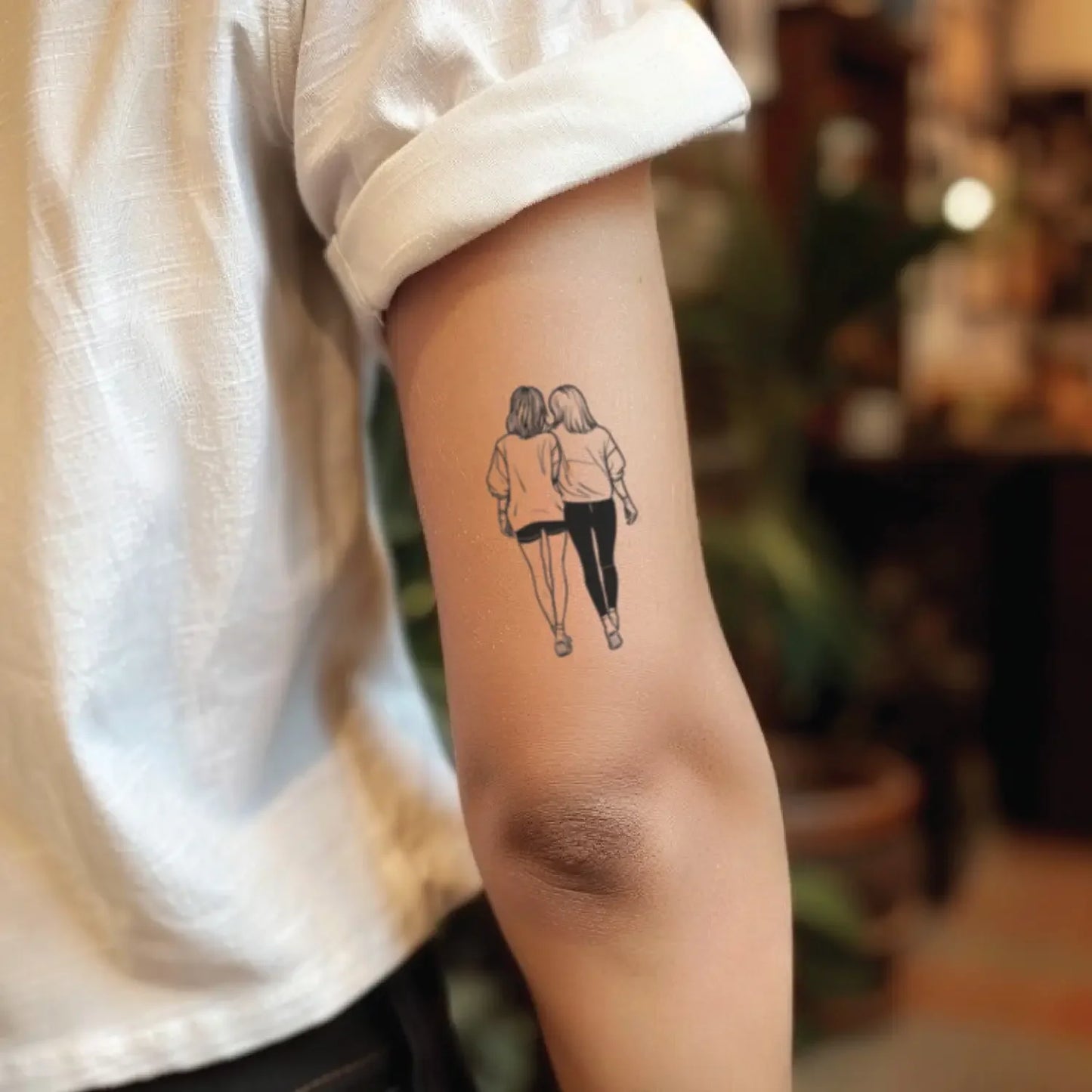 best cool simple small black white grey color best friend bff fine line illustrative outline fake realistic temporary tattoo sticker design idea drawing for men and women on bicep upper arm