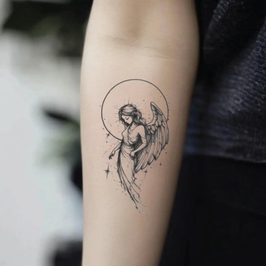 best cool simple small black white grey color geometric angel fake realistic temporary tattoo sticker design idea drawing for men and women on forearm lower inner arm