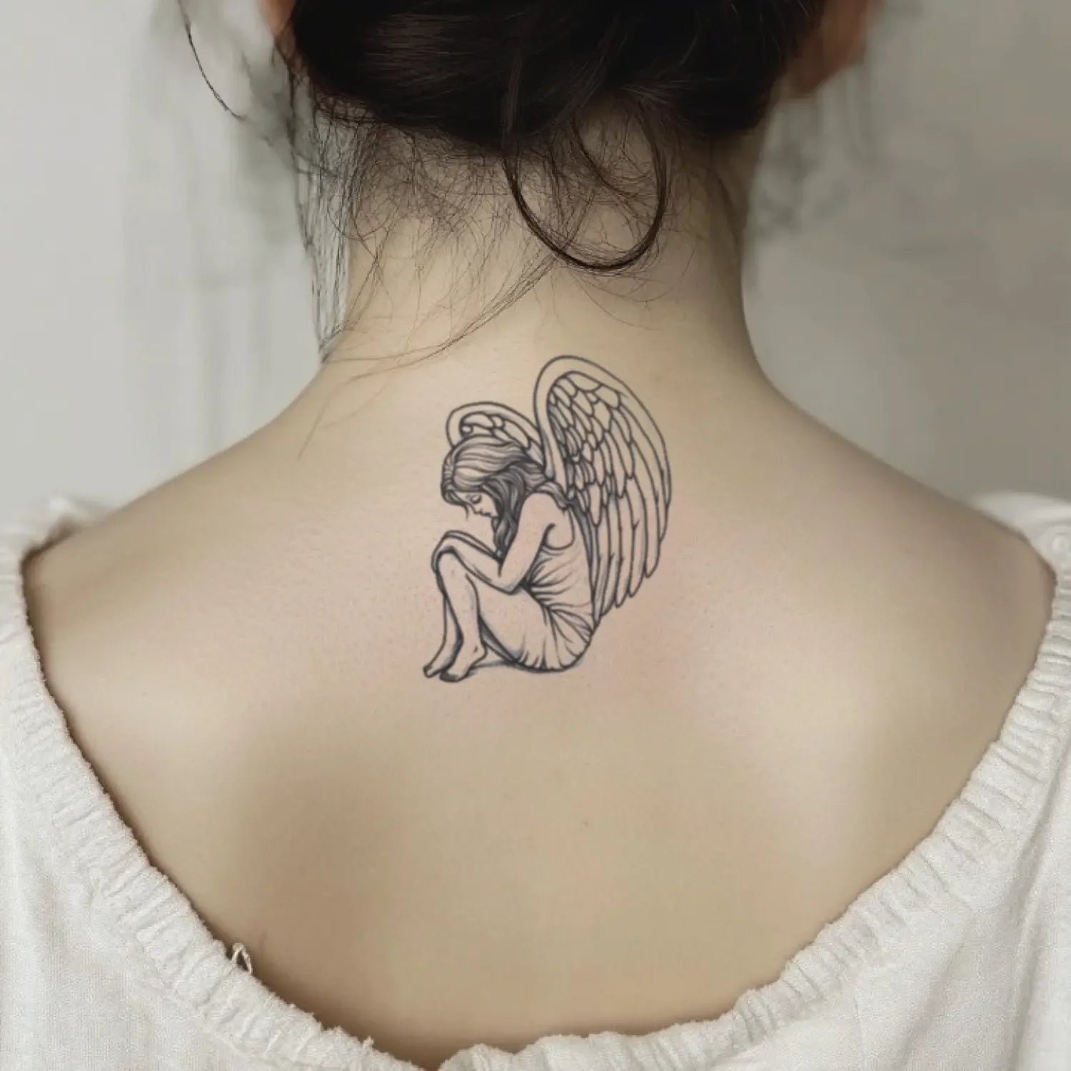 best cool simple small black white grey color Outline Simple Angel Outline Religious fake temporary tattoo sticker design idea for men and women on Back