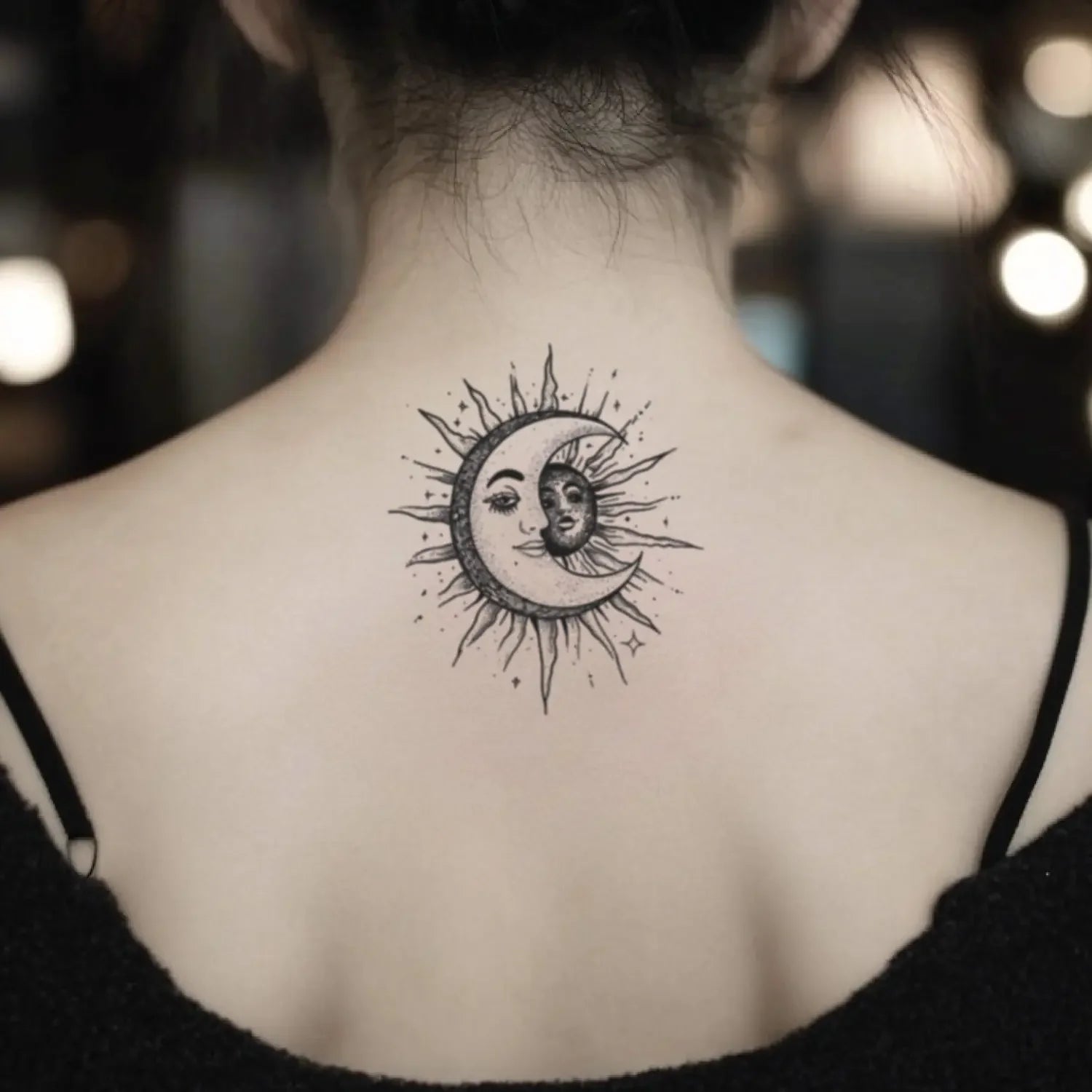 best cool simple small black white grey color Bohemian Bohemian Sun and Moon Space fake temporary tattoo sticker design idea for men and women on Back