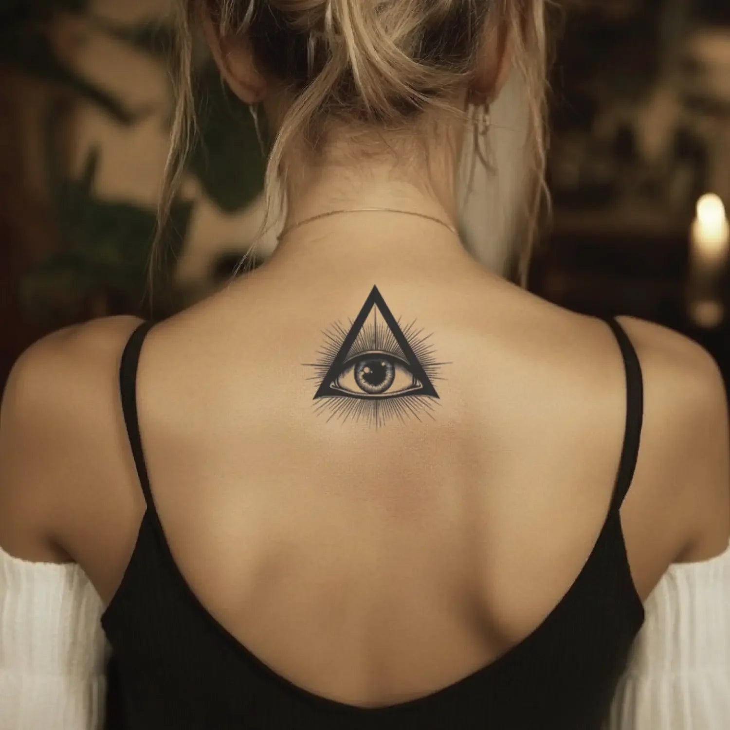 best cool simple small black white grey color Fine Line, Abstract All Seeing Third Eye Mythological fake temporary tattoo sticker design idea for men and women on Back