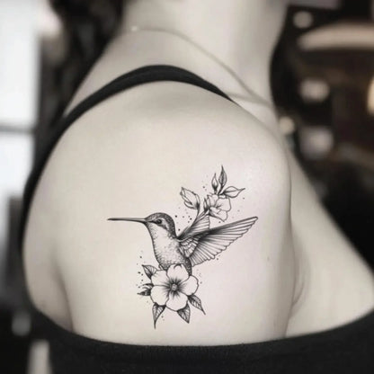 best cool simple small black white grey color Black and White Flower Hummingbird Black and White Animal fake temporary tattoo sticker design idea for men and women on Bicep