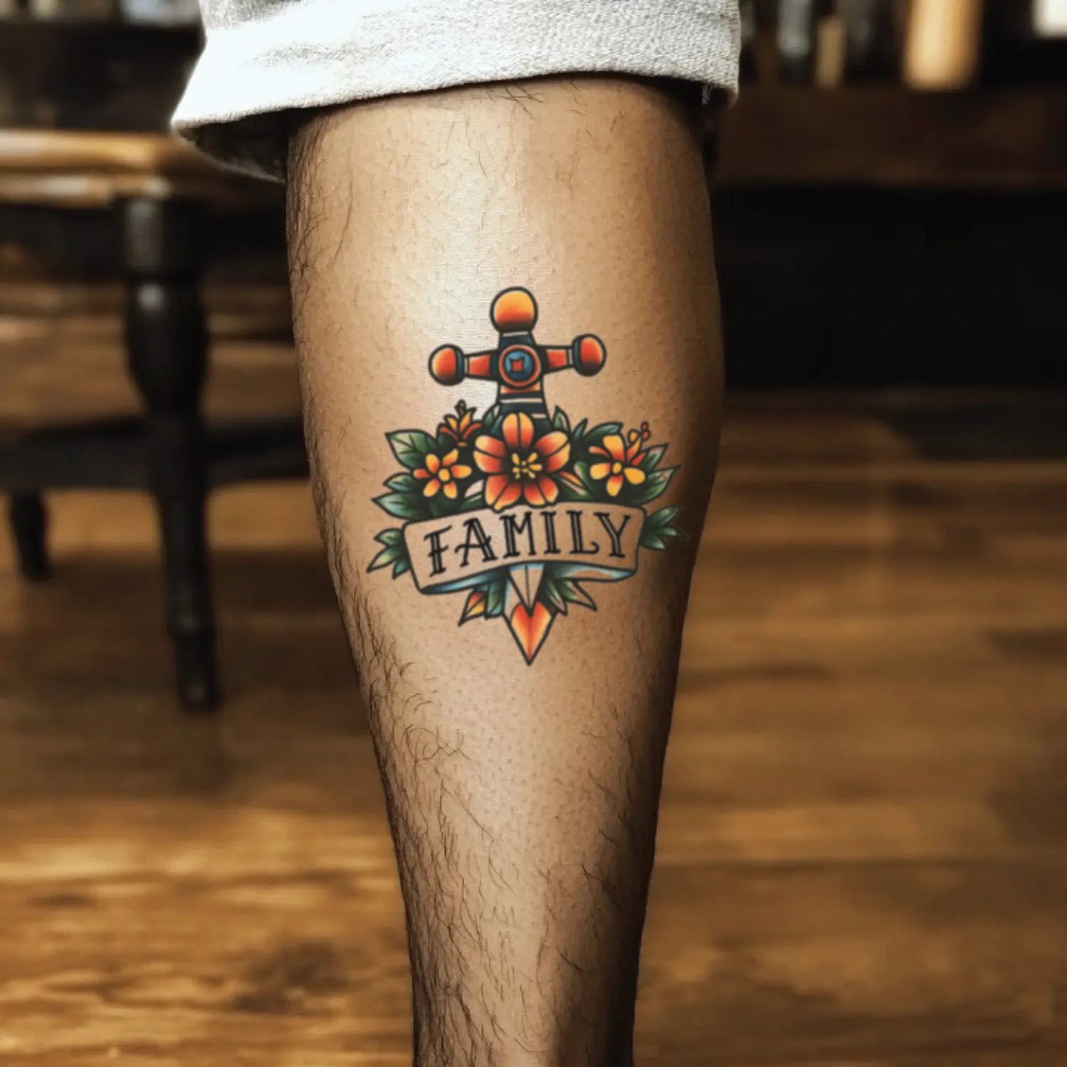 best cool simple small black white grey color Traditional Family Traditional Family fake temporary tattoo sticker design idea for men and women on Calf