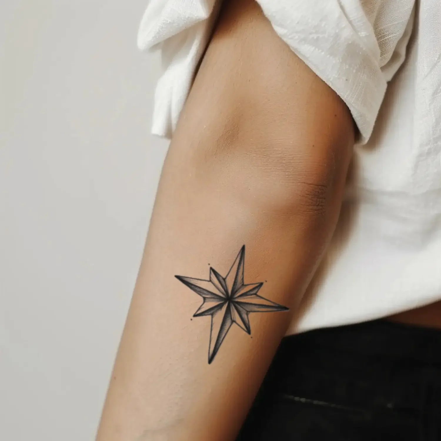 best cool simple small black white grey color Geometric, Outline Nautical Star Outline Space fake temporary tattoo sticker design idea for men and women on Forearm