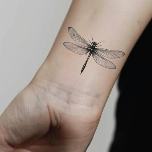 best cool simple small black white grey color Realism Simple Realistic Dragonfly Insect fake temporary tattoo sticker design idea for men and women on Wrist