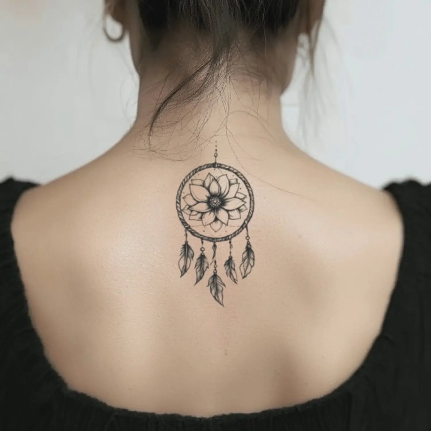 best cool simple small black white grey color Bohemian Flower Dreamcatcher Spiritual fake temporary tattoo sticker design idea for men and women on Back