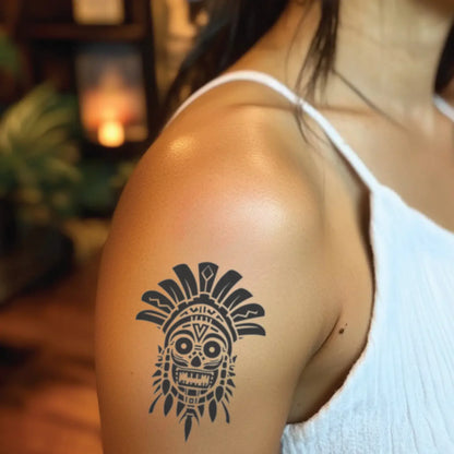 best cool simple small black white grey color Tribal Tribal Aztec Skull Skull fake temporary tattoo sticker design idea for men and women on Bicep