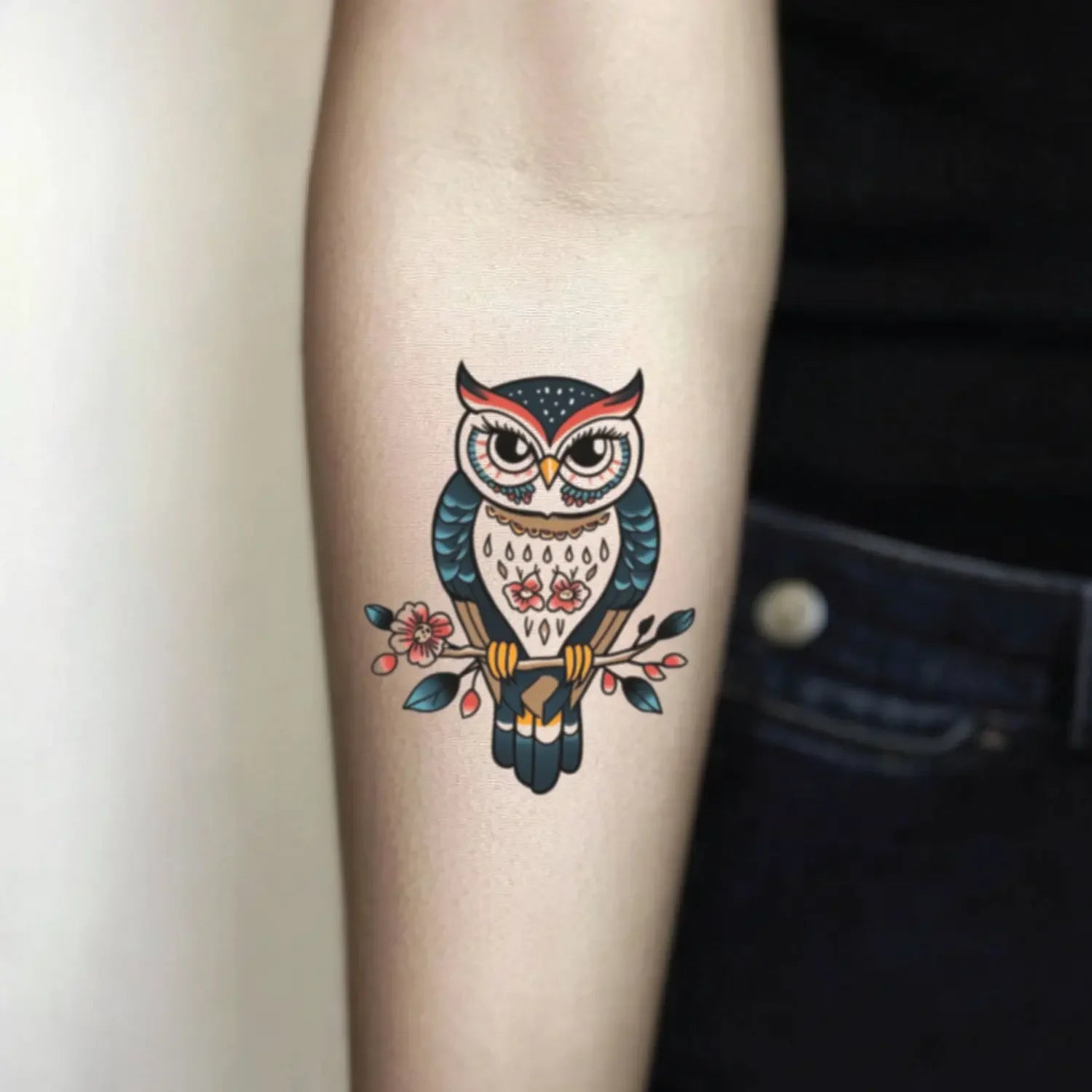 best cool simple small black white grey color Polynesian Traditional Owl Animal fake temporary tattoo sticker design idea for men and women on Forearm