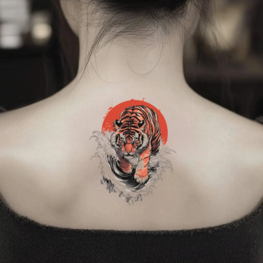 best cool simple small black white grey color Japanese Japanese Tiger Animal fake temporary tattoo sticker design idea for men and women on Back