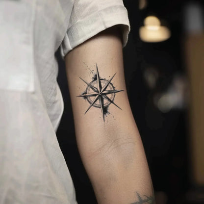 best cool simple small black white grey color Geometric, Brush Simple Nautical Compass Nautical fake temporary tattoo sticker design idea for men and women on Bicep