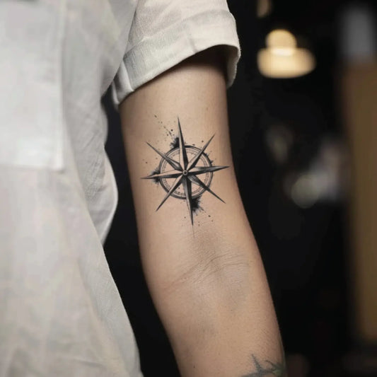 best cool simple small black white grey color Geometric, Brush Simple Nautical Compass Nautical fake temporary tattoo sticker design idea for men and women on Bicep