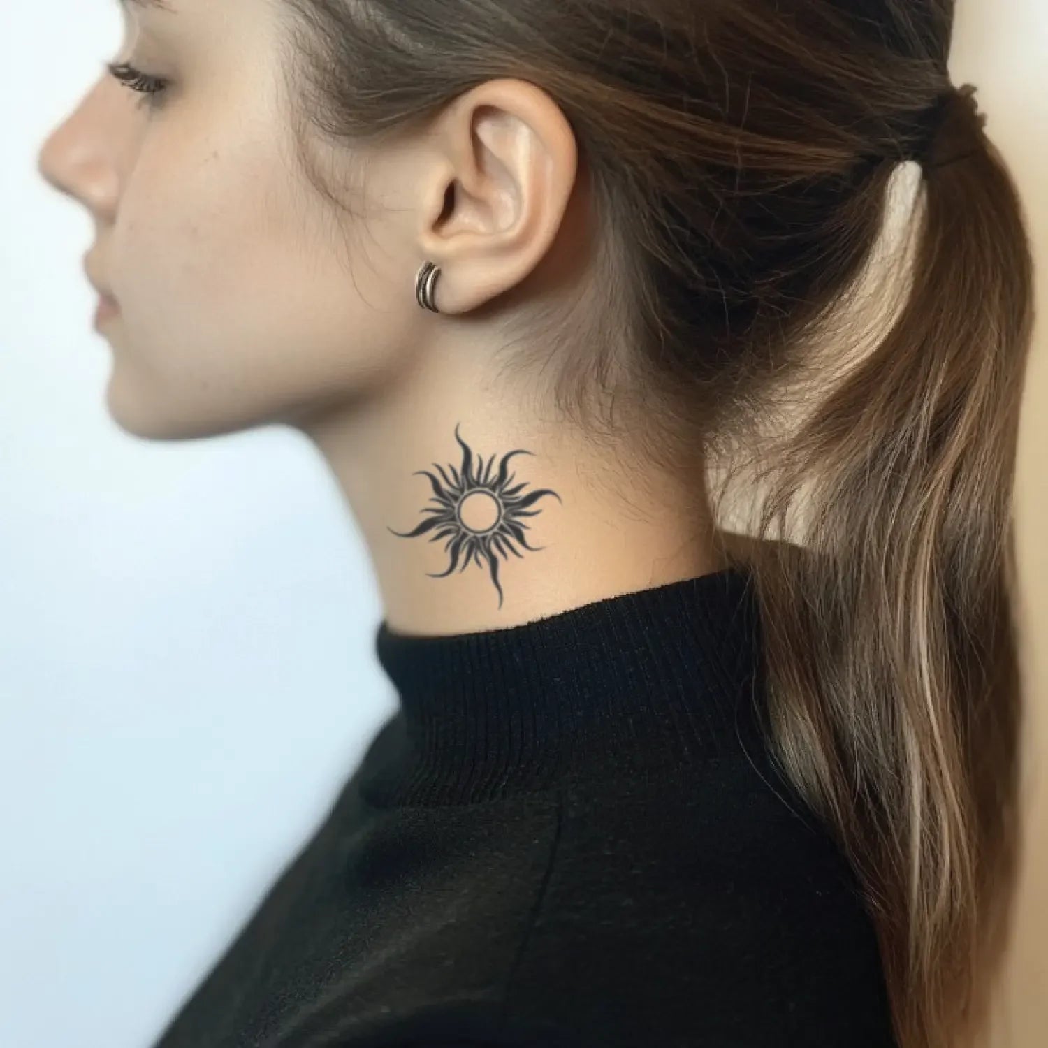 best cool simple small black white grey color Minimalist, Tribal Simple Tribal Sun Space fake temporary tattoo sticker design idea for men and women on Neck