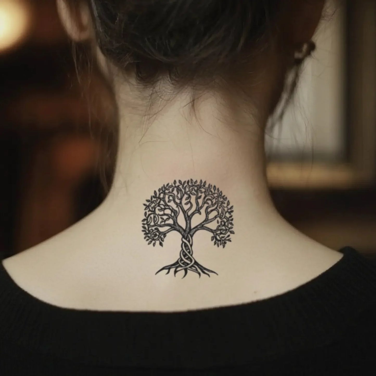 best cool simple small black white grey color nordic Celtic, Viking Simple Celtic Tree of Life Nature fake temporary tattoo sticker design idea for men and women on Neck