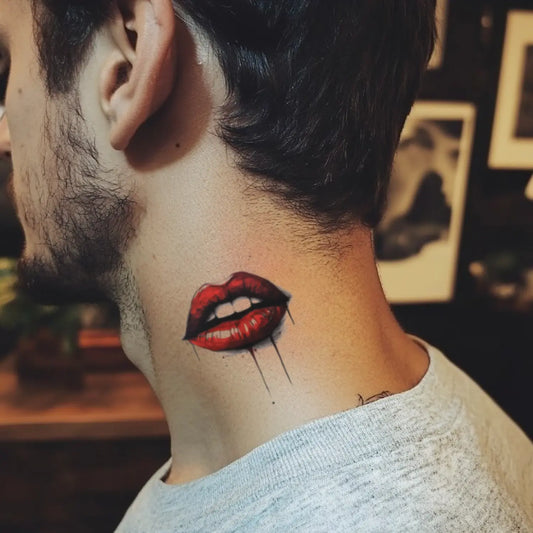 best cool simple small black white grey color Red Color, Brush, Realism Creepy Red Lip Horror fake temporary tattoo sticker design idea for men and women on Neck