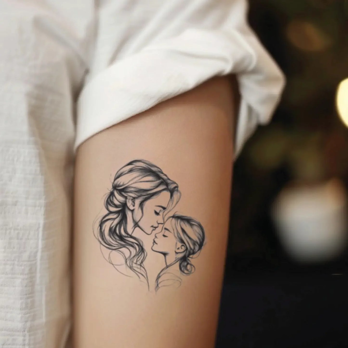 best cool simple small black white grey color Illustrative Simple Mother Daughter Family fake temporary tattoo sticker design idea for men and women on Bicep