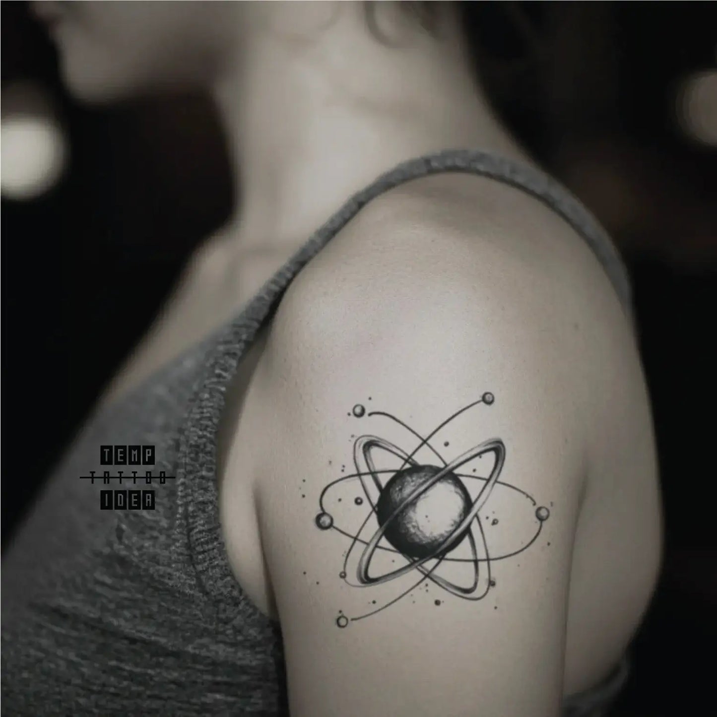 best cool simple small black white grey color atomic geometric atom symbol space symbol fake temporary tattoo sticker design idea for men and women on bicep