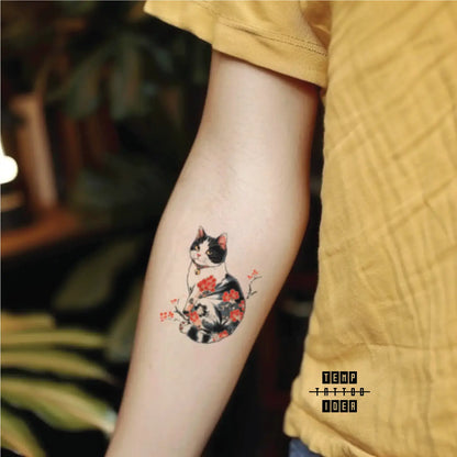 best cool simple small black white grey color red sakura cherry blossom flower japanese japanese cat memorial animal symbol fake temporary tattoo sticker design idea for men and women on forearm