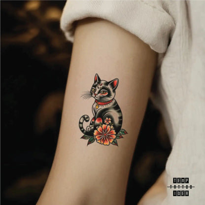 best cool simple small black white grey color traditional american traditional black cat animal symbol fake temporary tattoo sticker design idea for men and women on bicep