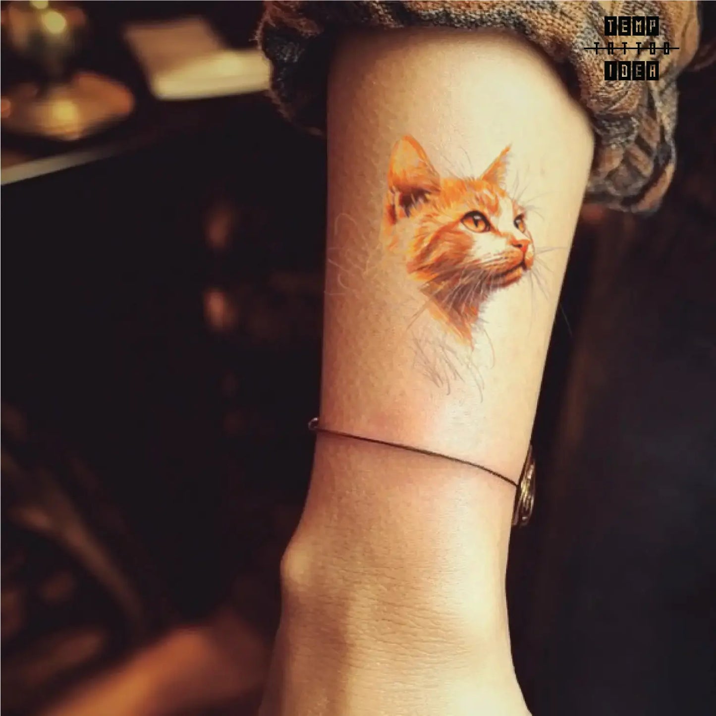 best cool simple small black white grey color orange color, sketch realistic orange cat portrait animal symbol fake temporary tattoo sticker design idea for men and women on wrist