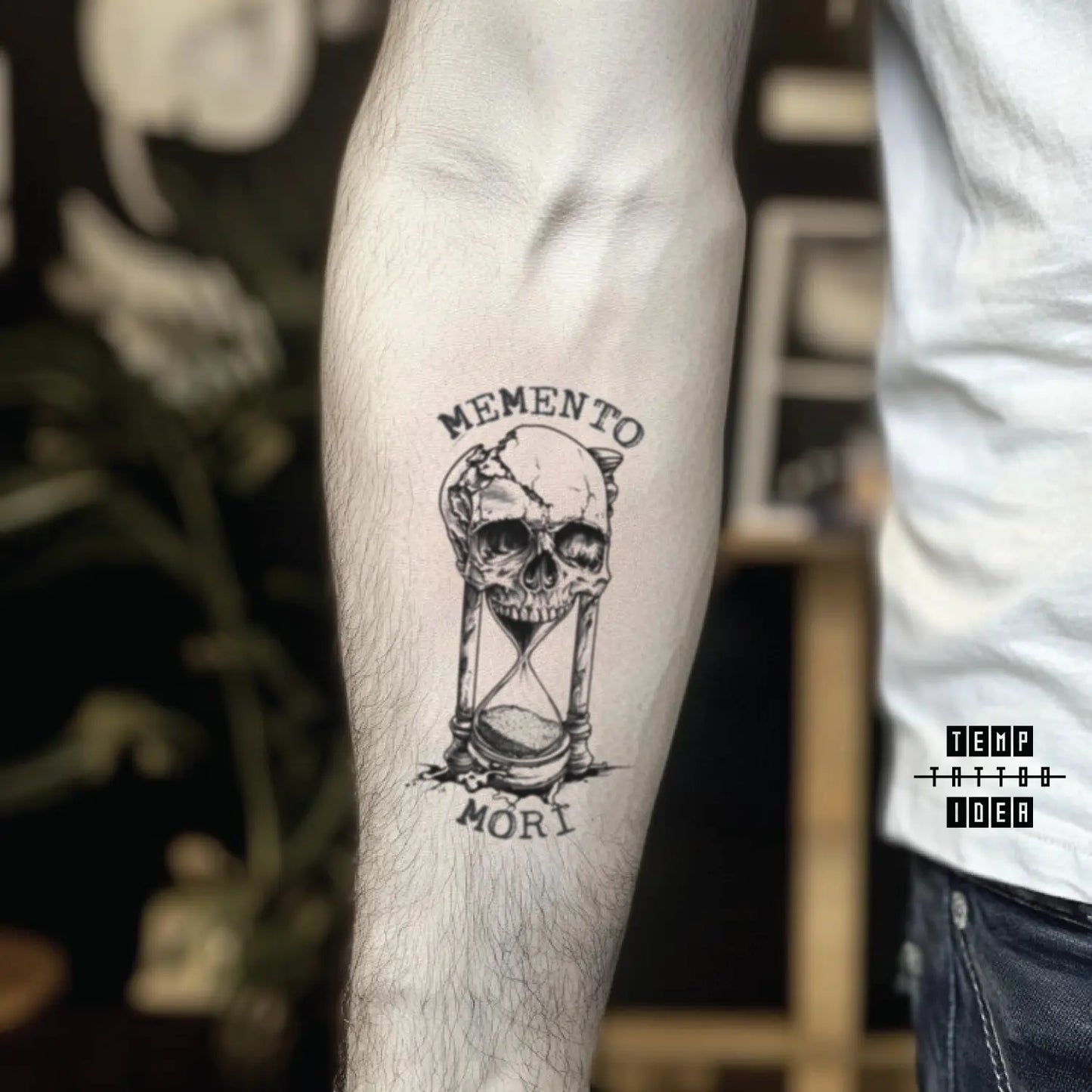 best cool simple small black white grey color sand clock script sketch memento mori skull hourglass quote symbol fake temporary tattoo sticker design idea for men and women on forearm