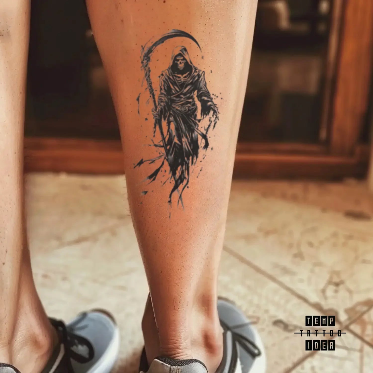 best cool simple small black white grey color sketch realistic grim reaper skull symbol fake temporary tattoo sticker design idea for men and women on calf