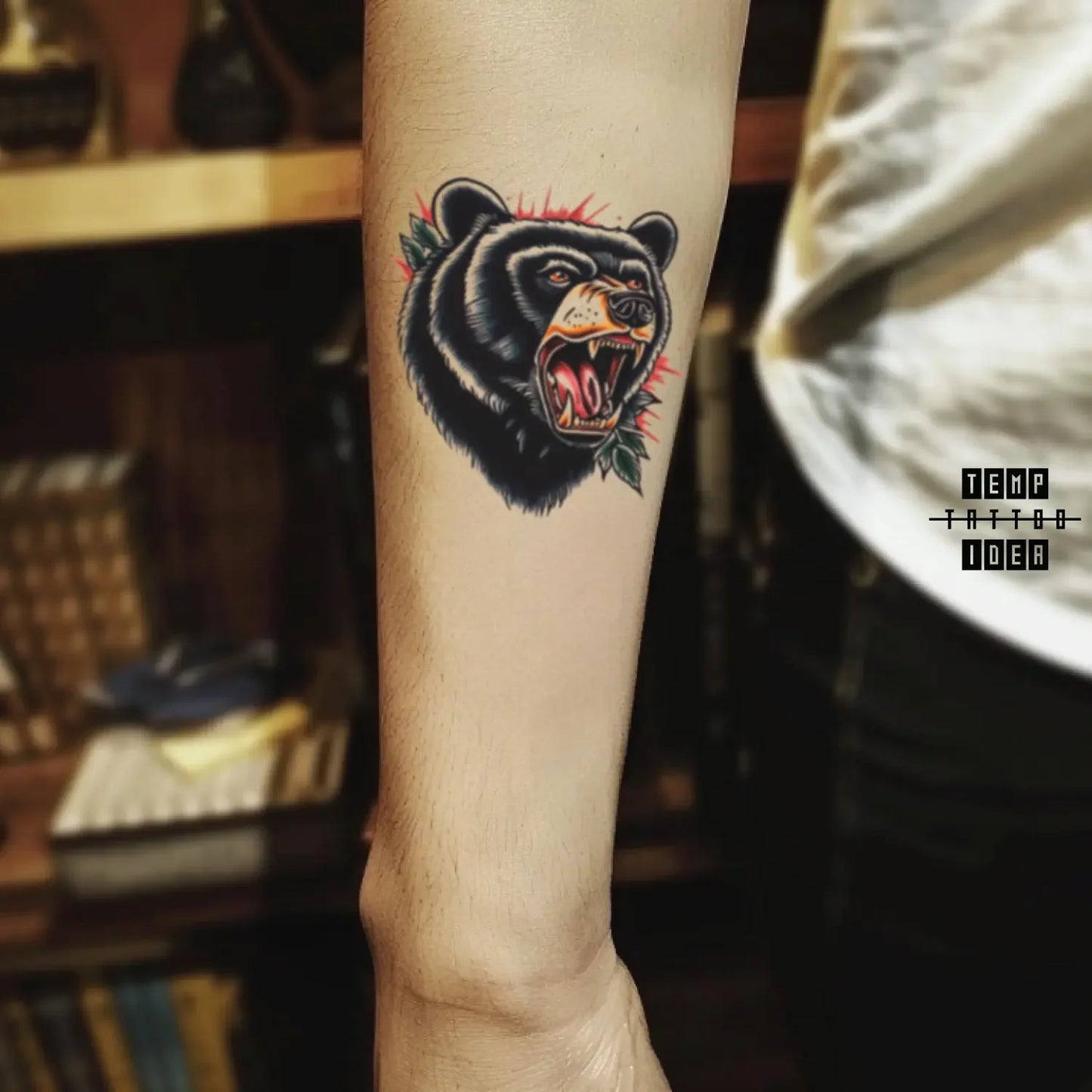 best cool simple small black white grey color traditional simple traditional spiritual bear animal symbol fake temporary tattoo sticker design idea for men and women on forearm