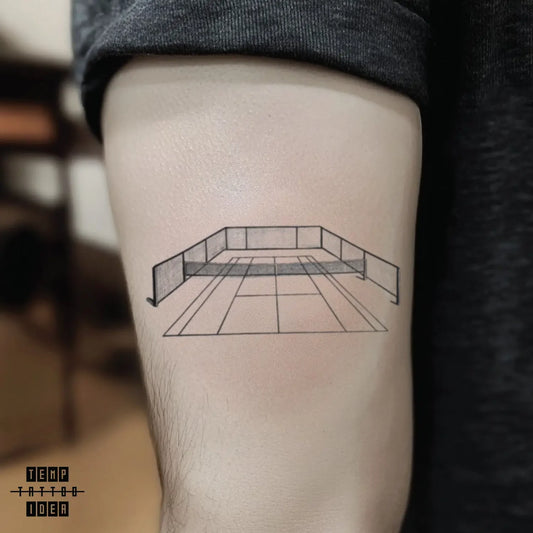 best cool simple small black white grey color player lover fine line tennis court outline sport symbol fake temporary tattoo sticker design idea for men and women on bicep