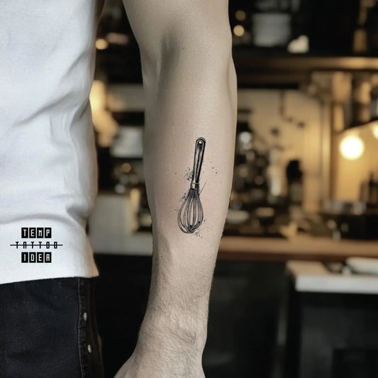 best cool simple small black white grey color cook baking culinary sketch chef wire whisk f&b symbol fake temporary tattoo sticker design idea for men and women on forearm