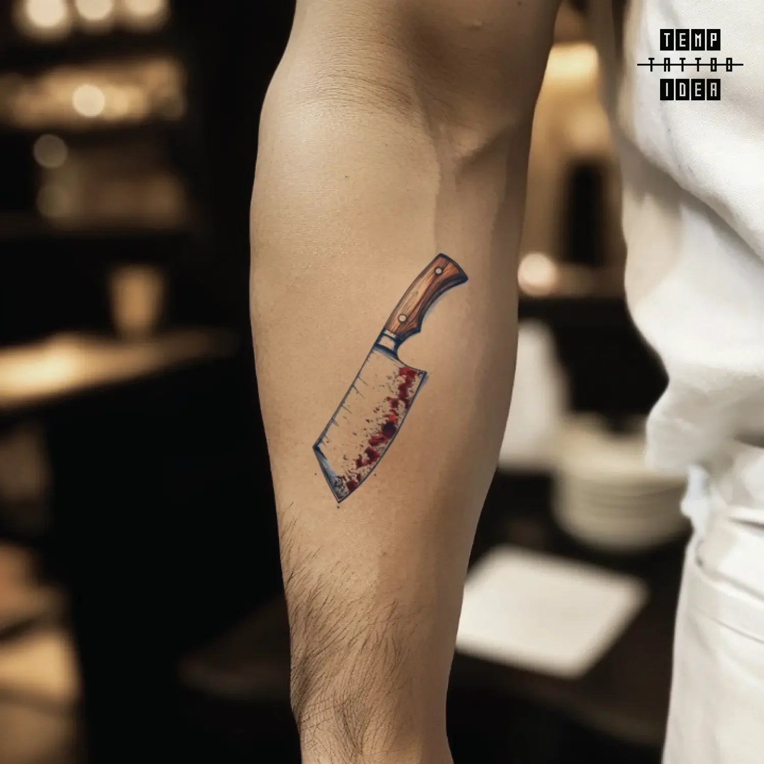 best cool simple small black white grey color cook baking culinary illustrative chef's bloody butcher knife f&b symbol fake temporary tattoo sticker design idea for men and women on forearm