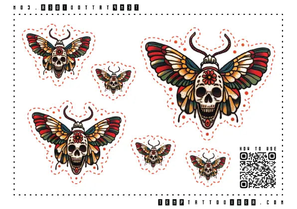 Neo Traditional Skull Moth Multi-Size Temporary Tattoo Sticker