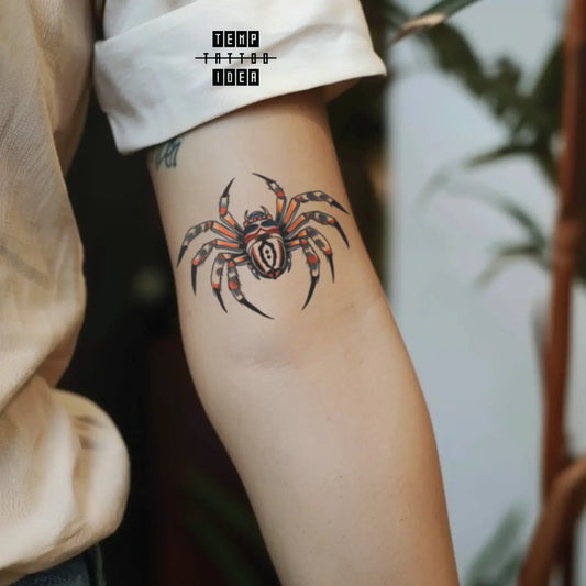 best cool simple small black white grey color traditional traditional spider insect symbol fake temporary tattoo sticker design idea for men and women on forearm